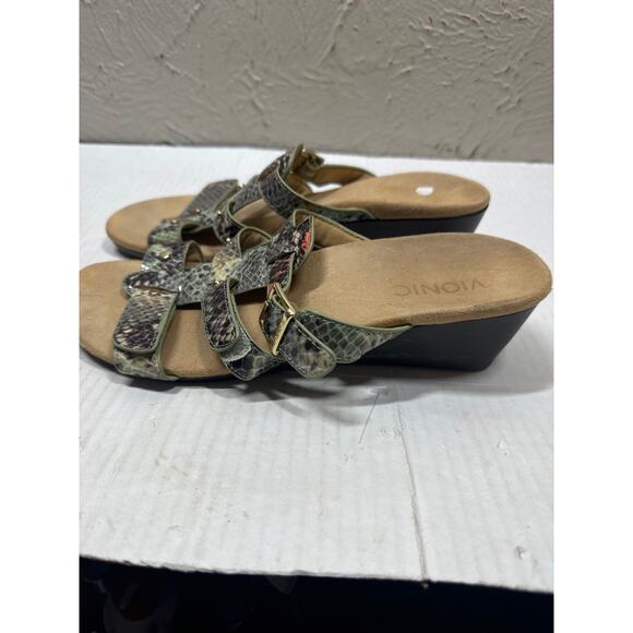 Vionic Amber Sandals 381Radia Snakeskin Green Patent Leather Slip On Size 8 - Picture 3 of 5